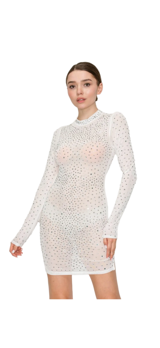 Sheer Obsession Sparkle Mini Dress Ivory