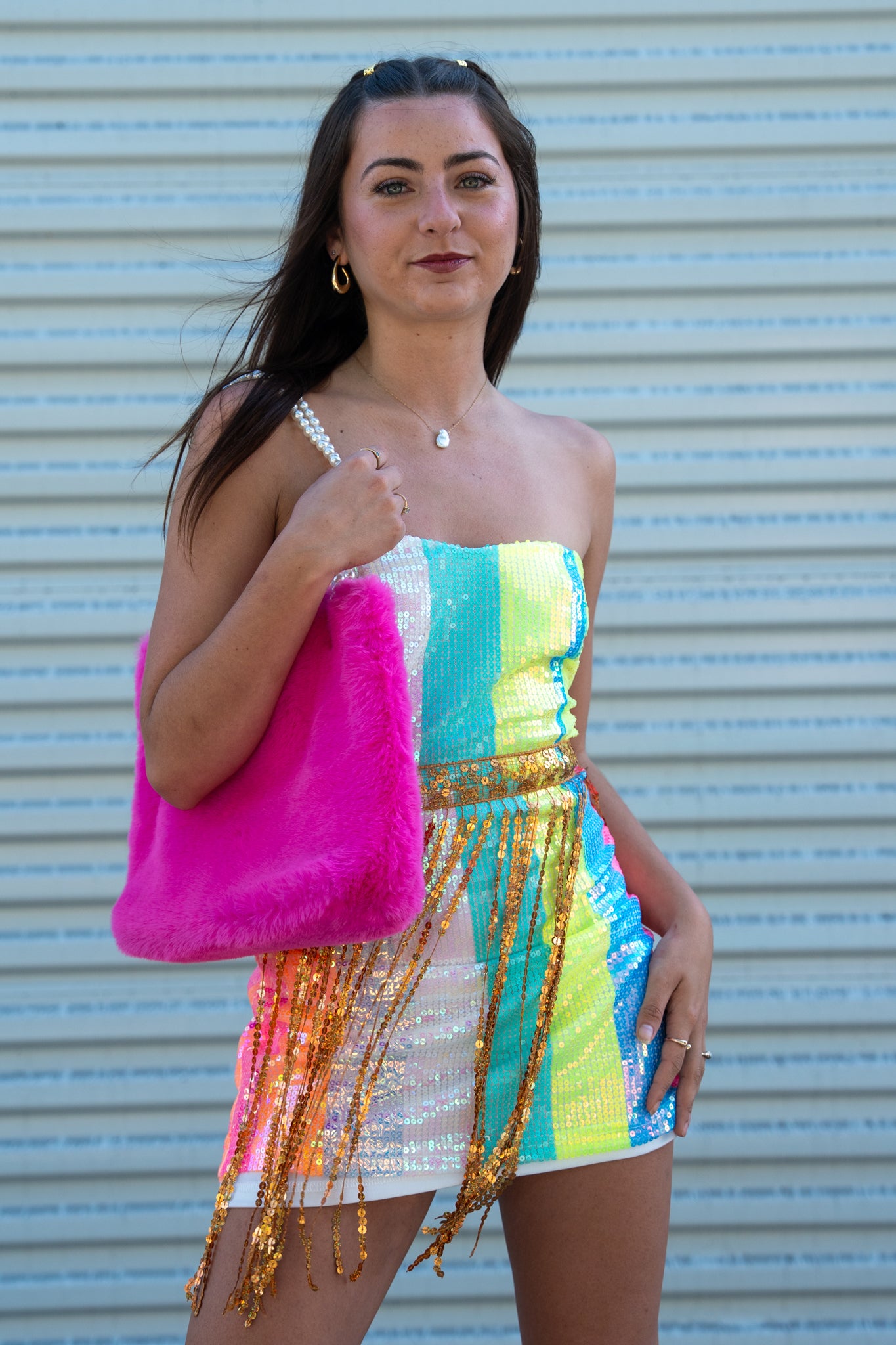 Rainbow striped mini dress with sparkling gold tassels. Lightweight, flirty, and perfect for raves, festivals, parties, or nights out. mini dress.