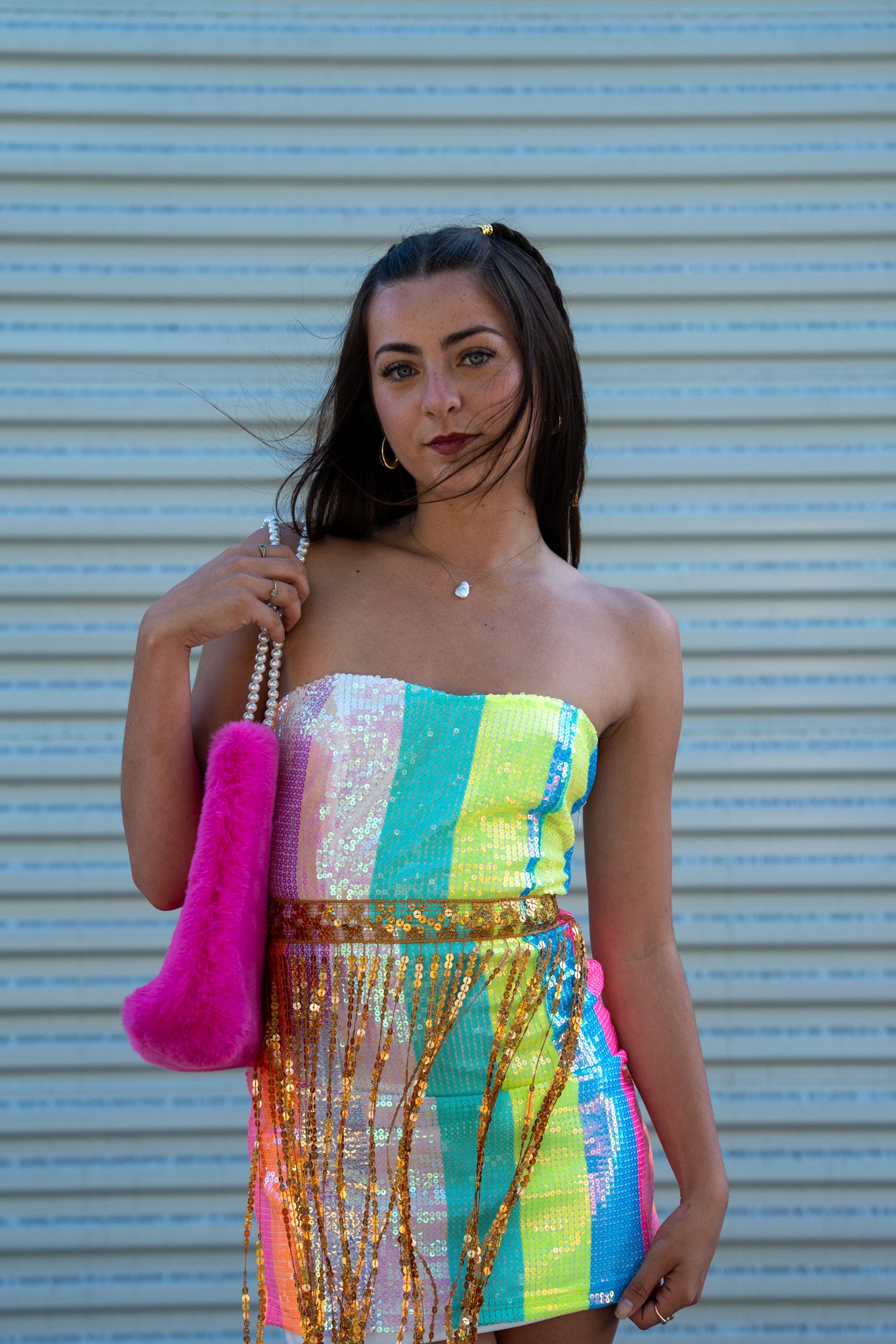Rainbow striped mini dress with sparkling gold tassels. Lightweight, flirty, and perfect for raves, festivals, parties, or nights out. mini dress.