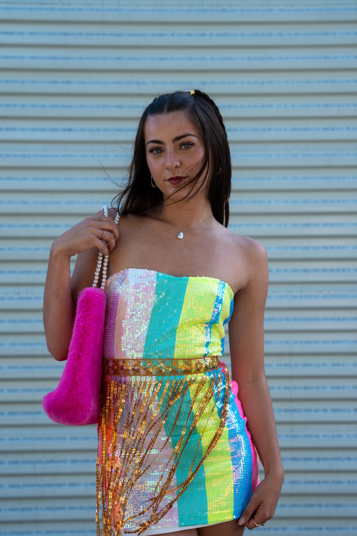 Rainbow striped mini dress with sparkling gold tassels. Lightweight, flirty, and perfect for raves, festivals, parties, or nights out. mini dress.