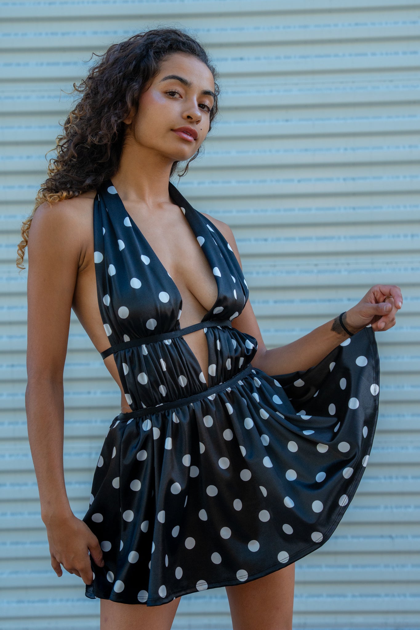 Lightweight, flowy black-and-white polka dot skort dress. Silk-feel, flirty, and very comfortable — ideal for festivals, parties, or nights out.