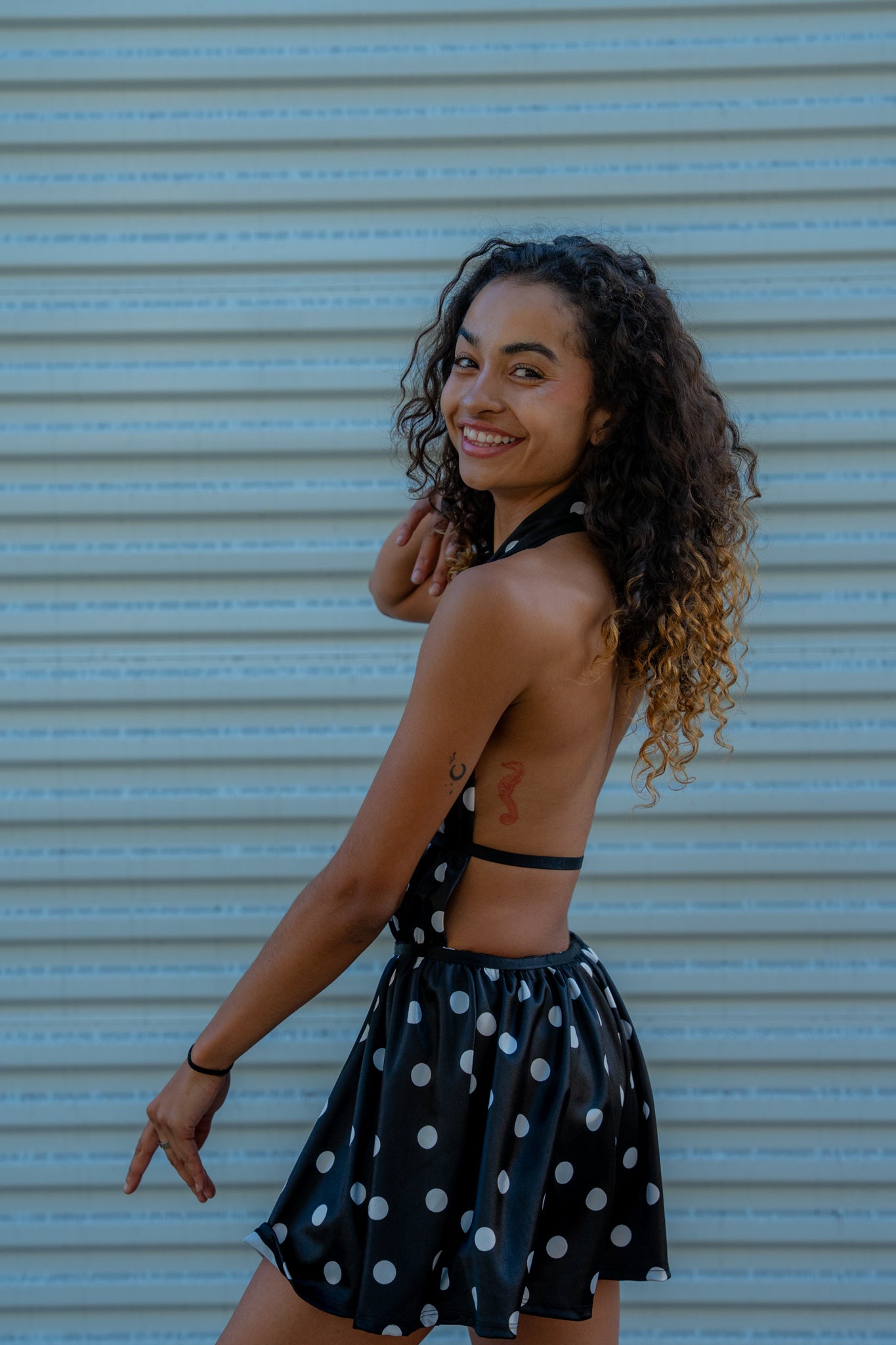 Lightweight, flowy black-and-white polka dot skort dress. Silk-feel, flirty, and very comfortable — ideal for festivals, parties, or nights out.